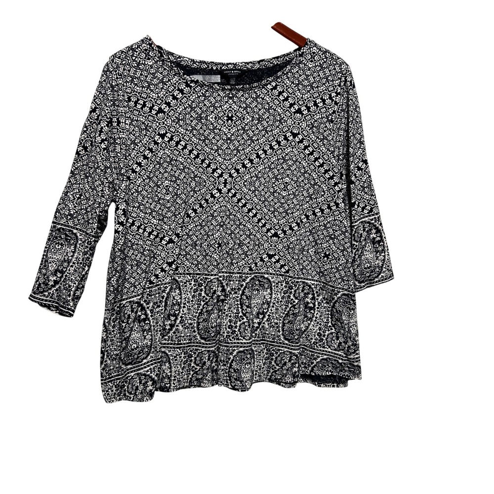 Lucky Brand Womens Boho Peasant Top 1X Black White‎ Paisley Cottage Artsy Folk